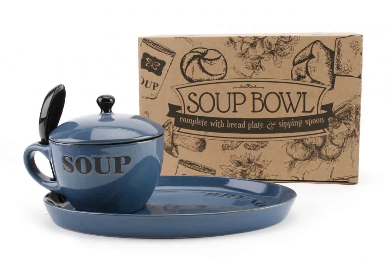 Soup Bowl With Lid, Spoon and Bread Plate - 4 Colours