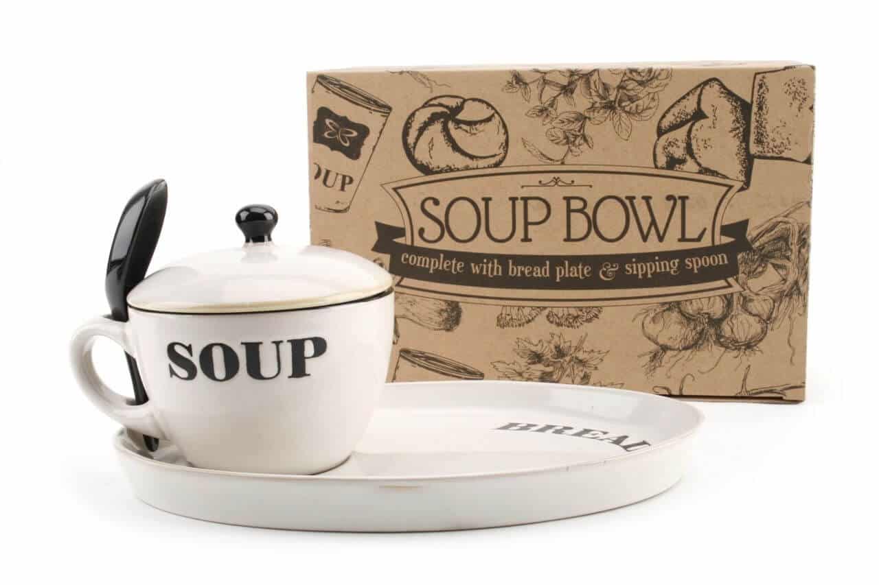 Soup Bowl With Lid, Spoon and Bread Plate - 4 Colours